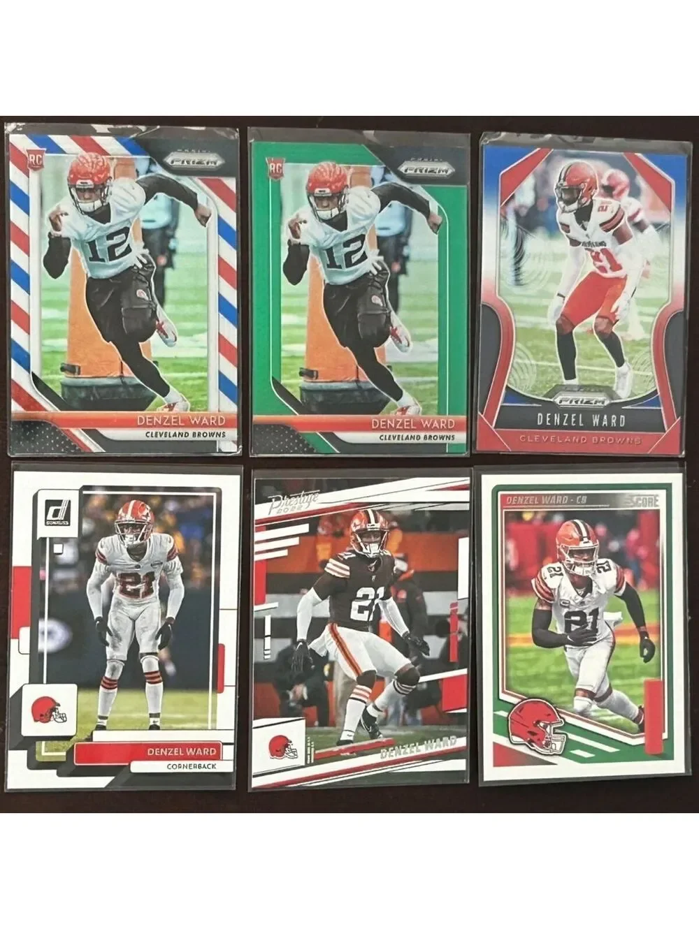 2018 NFL CB Denzel Ward Rookie Panini Prizm Red White & Blue RC and Green Prizm